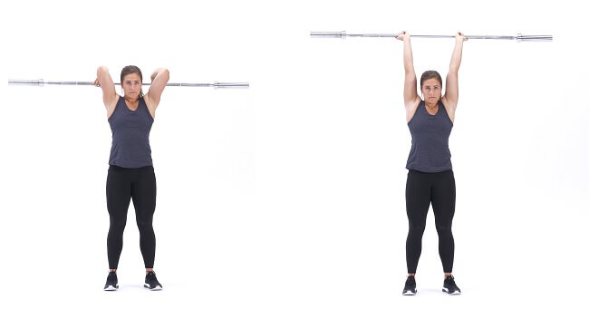 Bài tập tay cho nữ Standing barbell overhead triceps extension