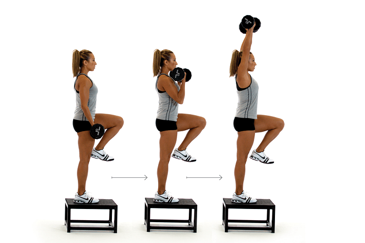 Step up to Balance, Curl and Overhead Press