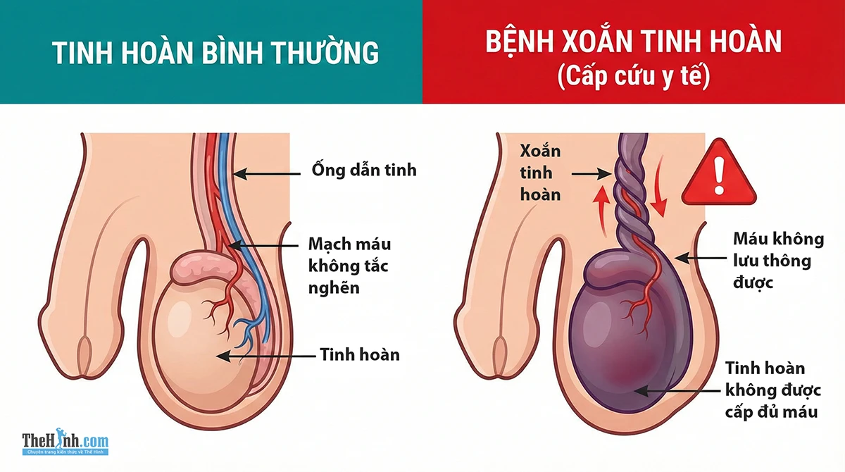 Minh họa cấu trúc giải phẫu của tinh hoàn bình thường và tinh hoàn bị xoắn