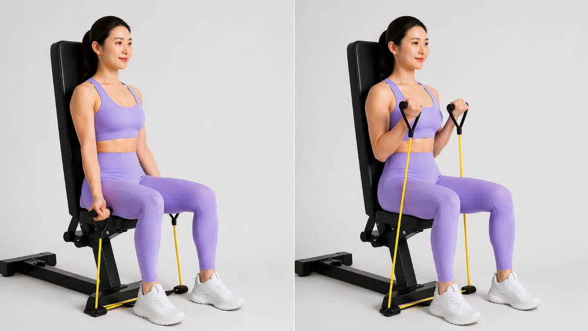 Bài tập tay với dây kháng lực cho nữ: Preacher Curl (Cuốn tạ trên ghế)